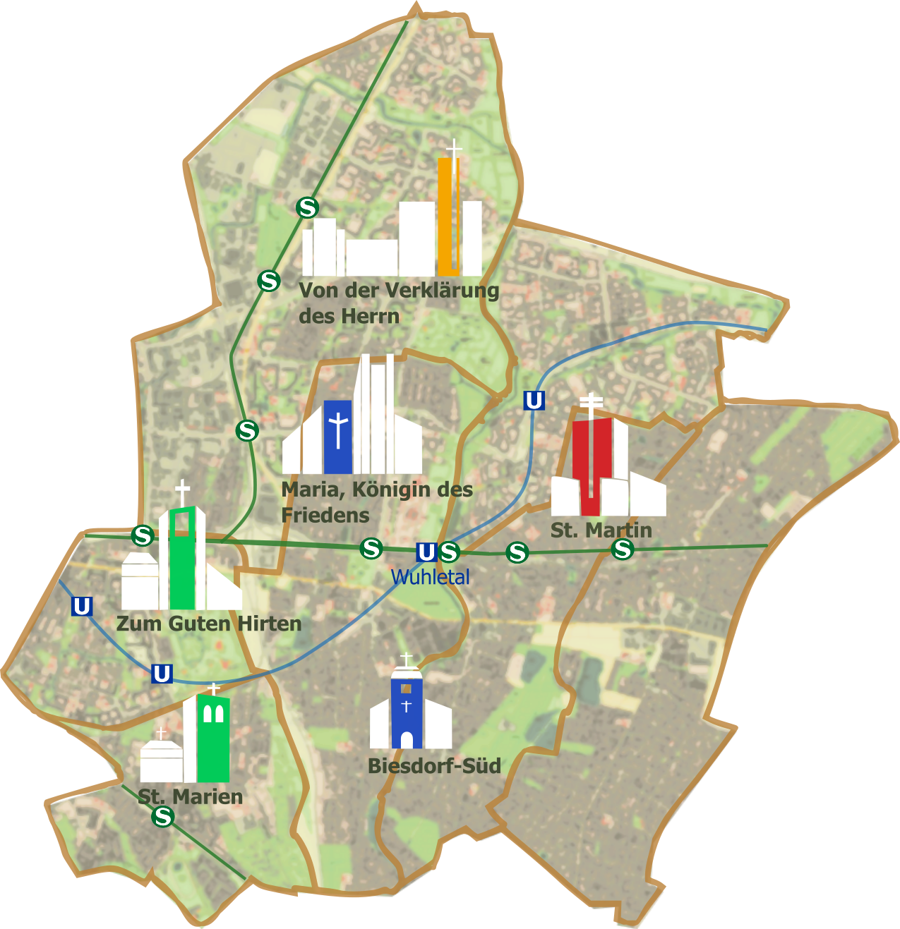 Karte der Pfarrei mit Kirchenstandorten